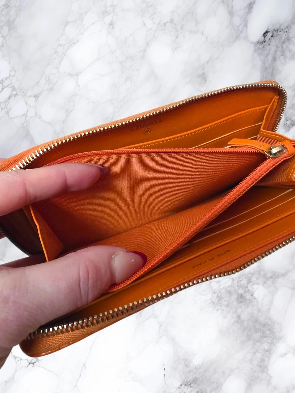 Chanel Burnt Orange Python Snakeskin Zip Around Wallet CC Logo Exotic Leather